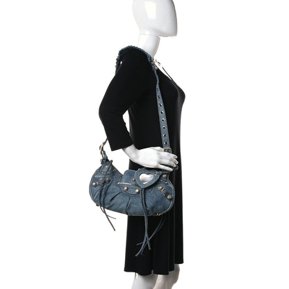 Balenciaga Washed Frayed Denim Crystal Small Le Cagole Shoulder Bag Blue 2 of 9