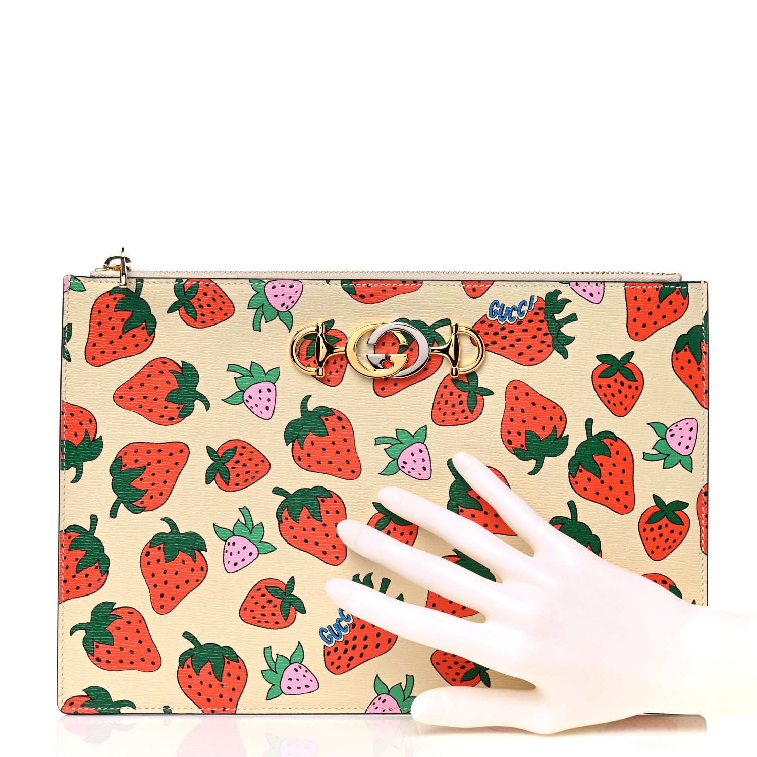 Gucci Calfskin Strawberry Print Zumi Pouch Ivory Red 2 of 7