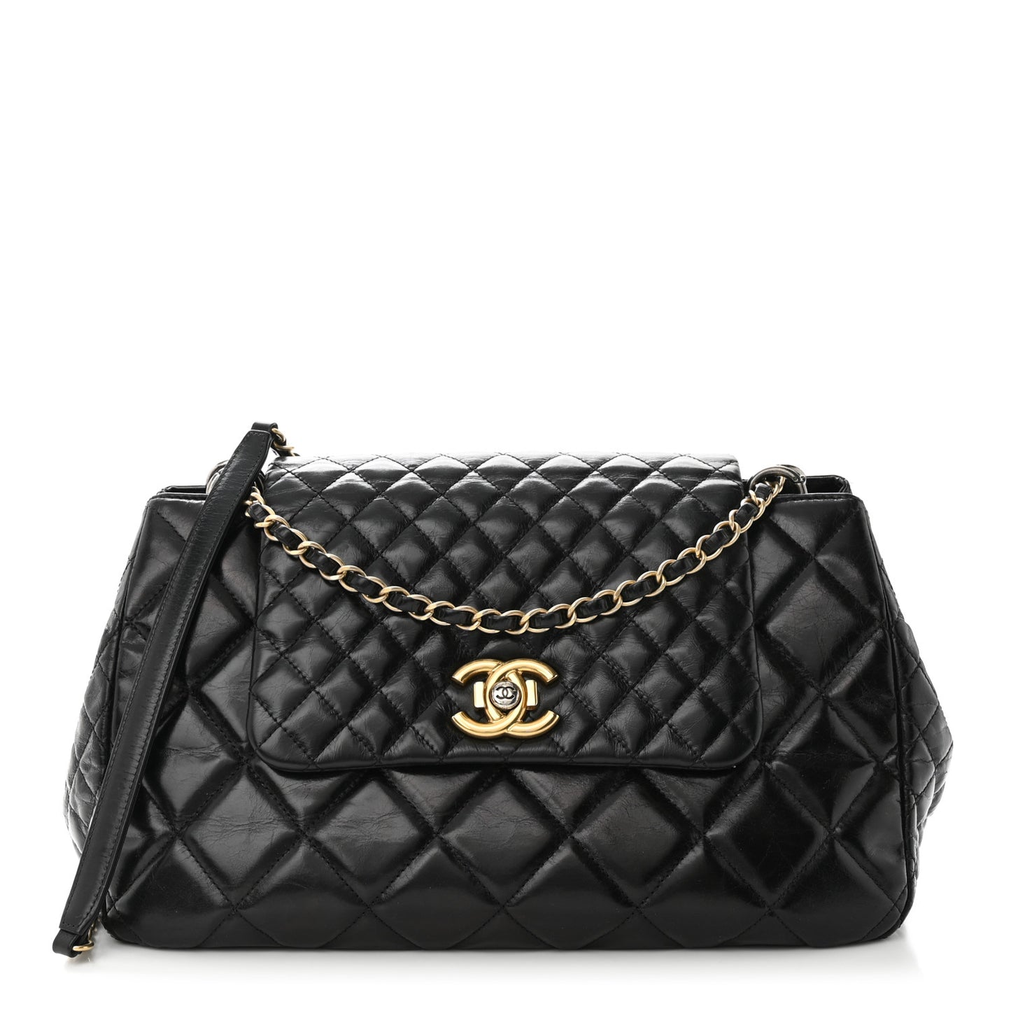 Glazed Calfskin Quilted Large Daily Walk Flap Black