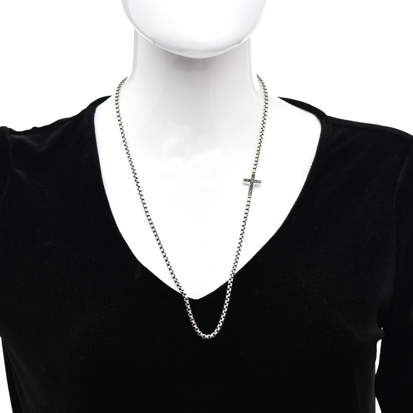 Sterling Silver Black Diamond Streamline Cross Station Necklace 26"