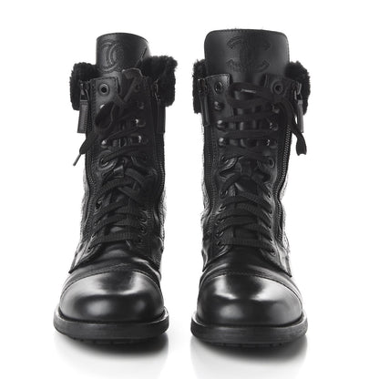 Chanel Calfskin Shearling Quilted Cap Toe Combat Boots 39.5 Black 2 of 8
