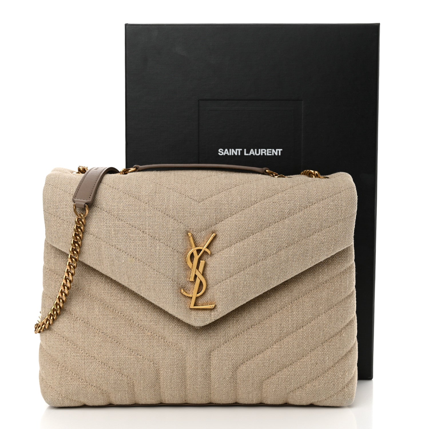 Saint Laurent Linen Y Quilted Monogram Medium Loulou Chain Satchel Natural Taupe 11 of 11