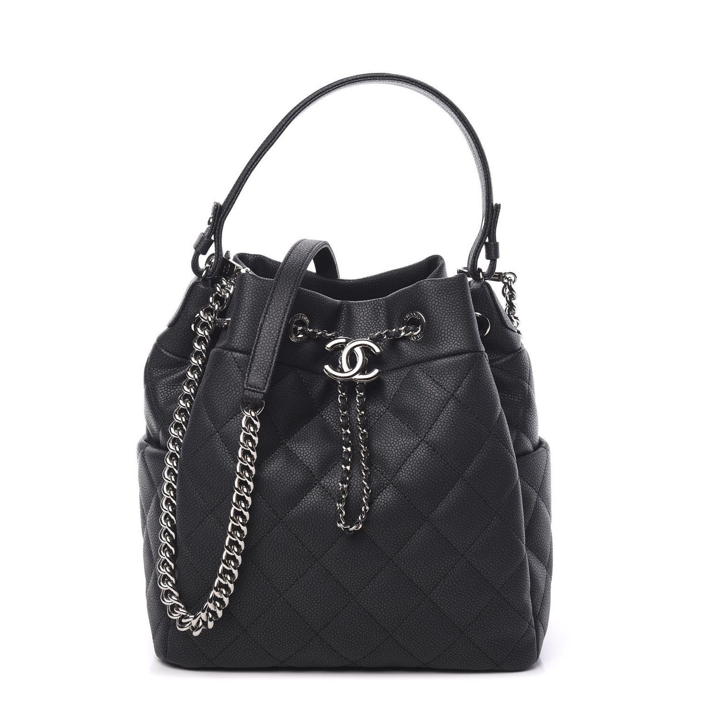 Grained Calfskin Quilted Medium CC Chain Bucket Drawstring Bag Grey