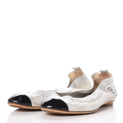 Chanel Metallic Lambskin Patent CC Cap Toe Ballerina Flats 40 Silver Black 3 of 11