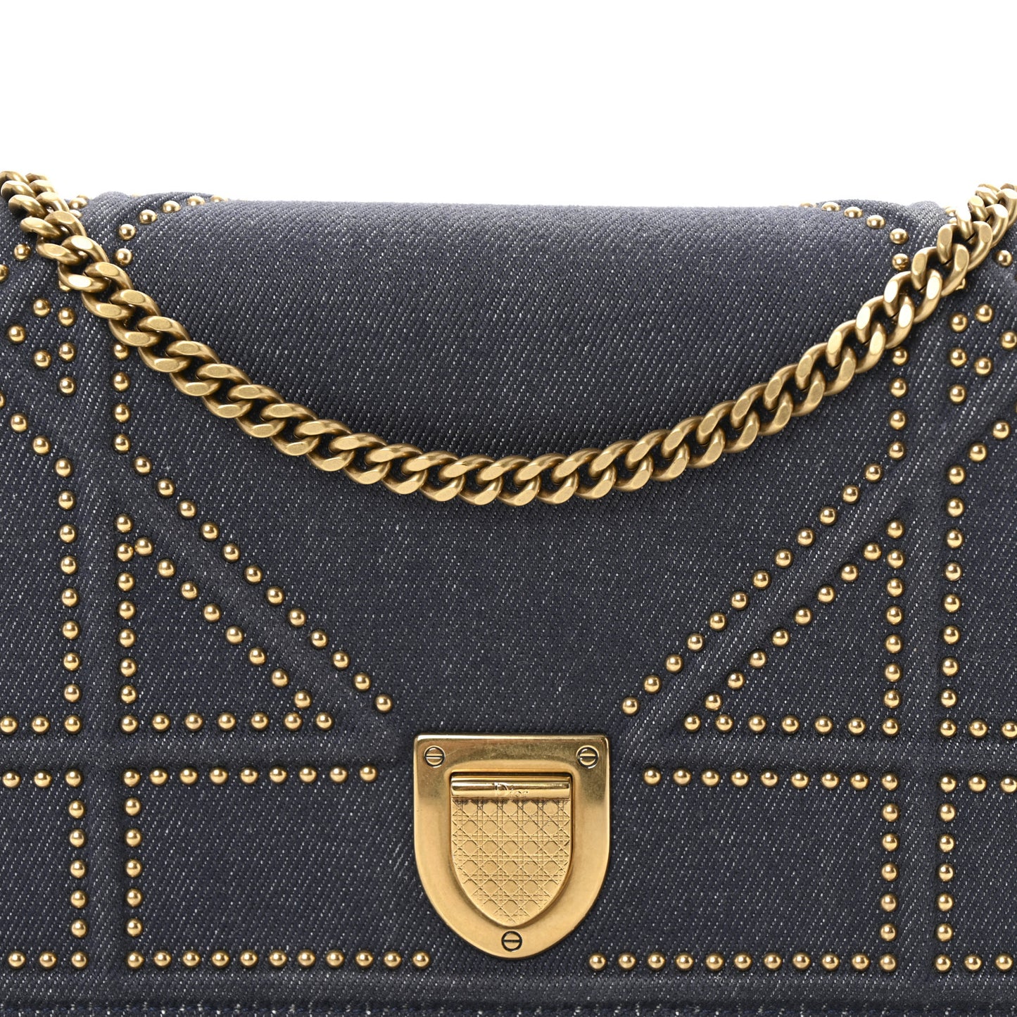 Denim Studded Diorama Wallet On Chain Blue