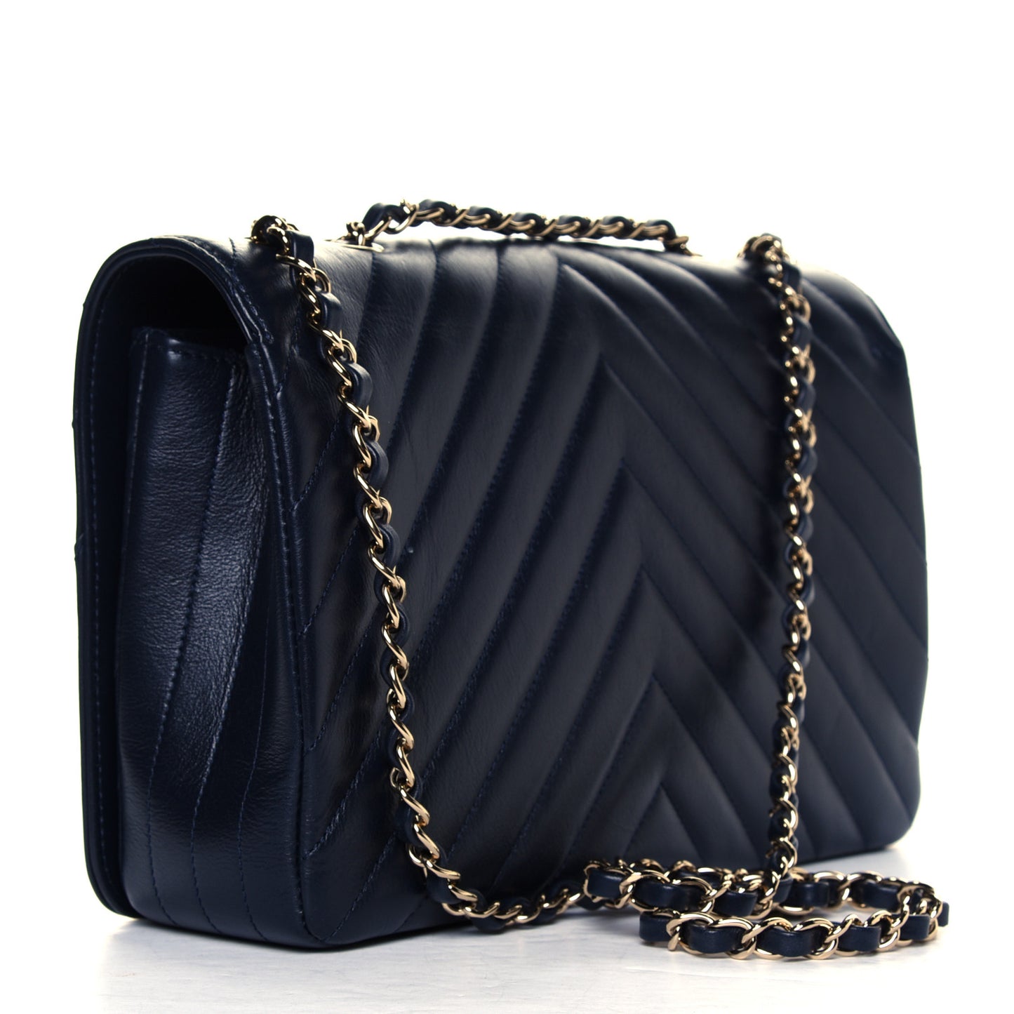 Calfskin Chevron Quilted Medium Statement Flap Navy Blue