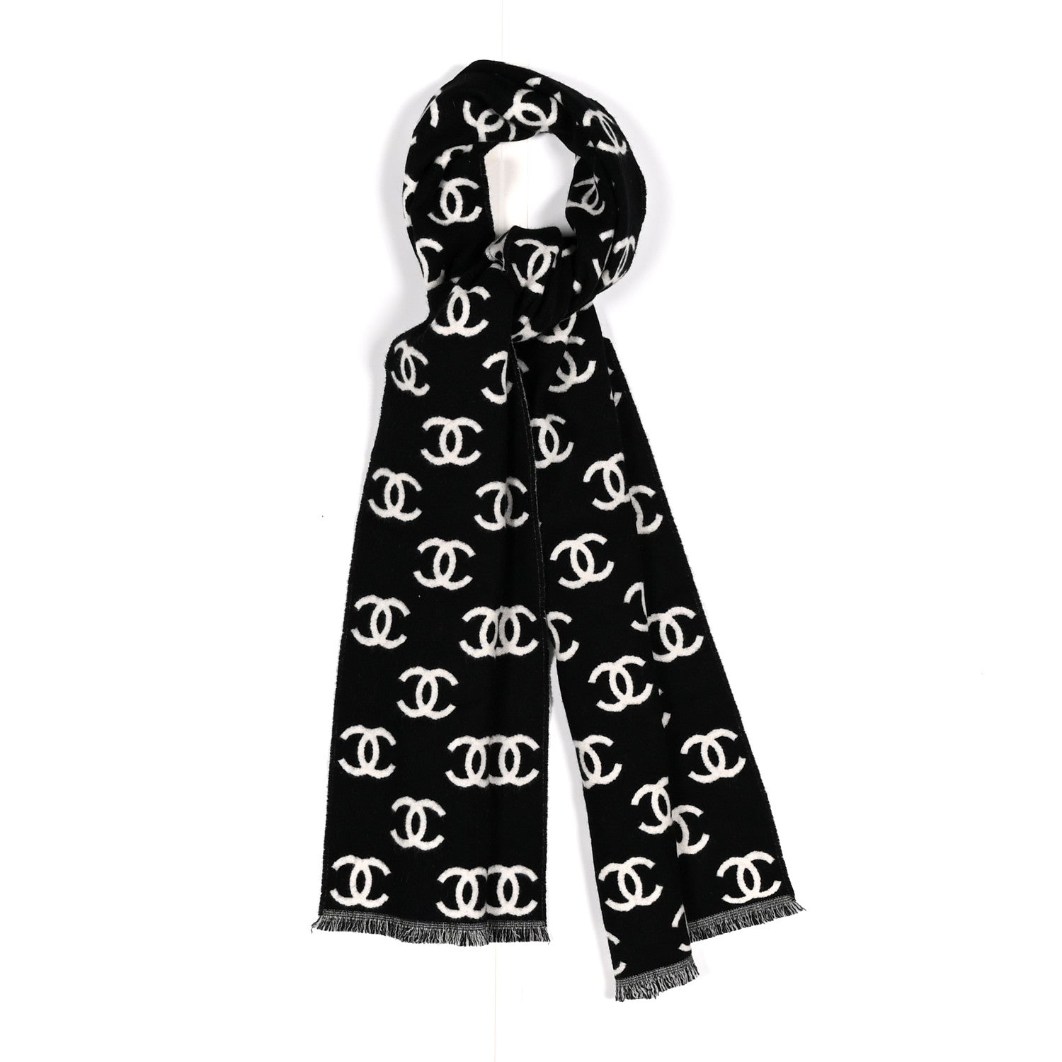 Chanel Wool Cashmere CC Scarf Black White 1 of 4