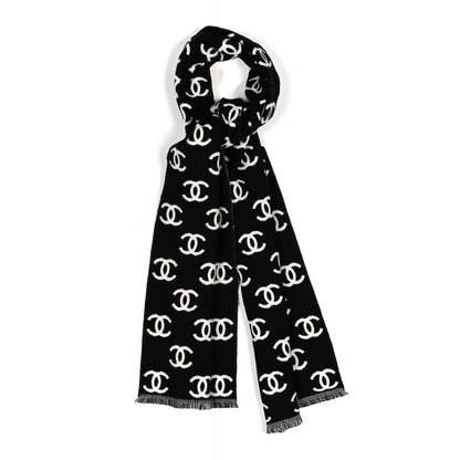 Chanel Wool Cashmere CC Scarf Black White 1 of 4