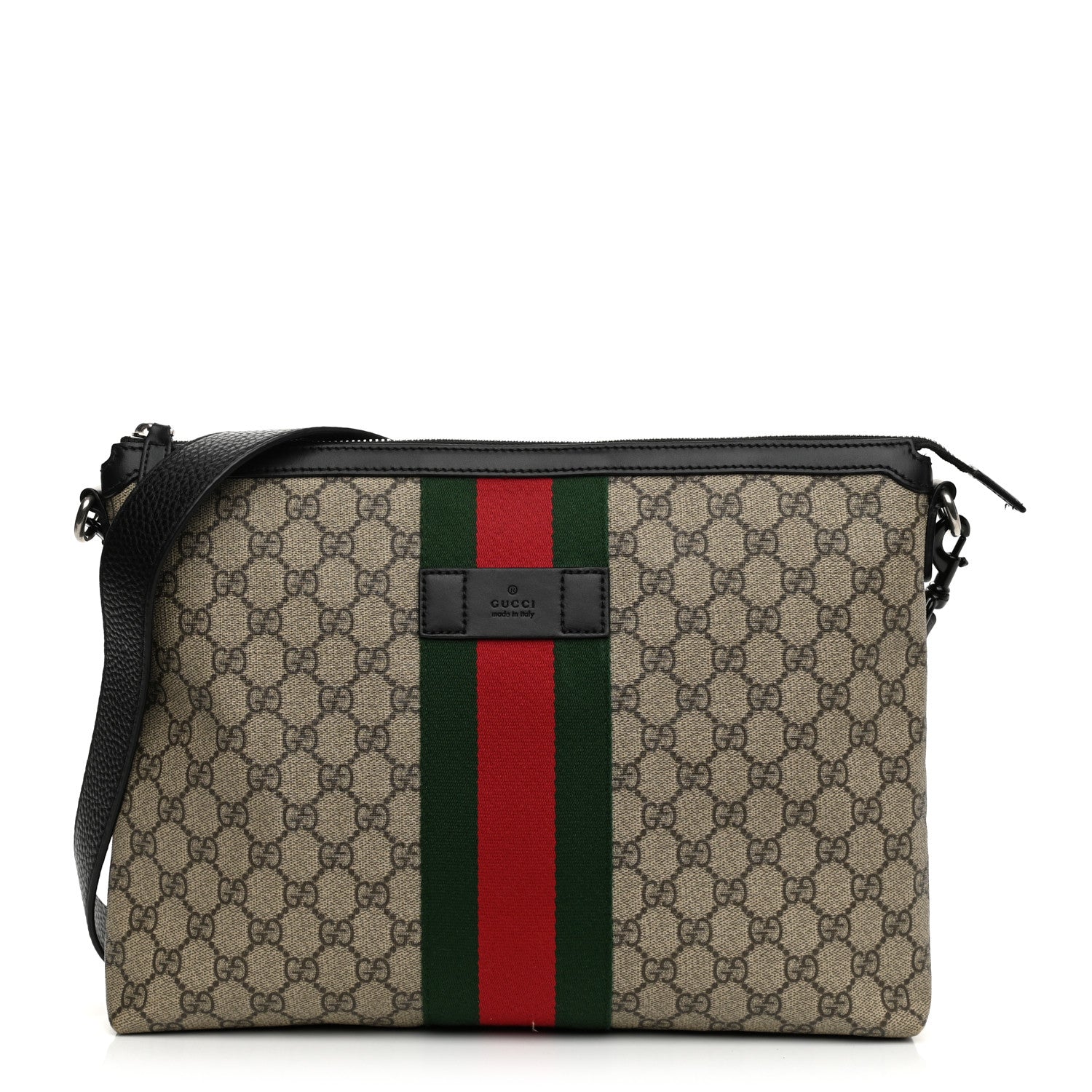 Gucci GG Supreme Monogram Calfskin Web Medium Flat Messenger Bag Beige Ebony Black 1 of 12