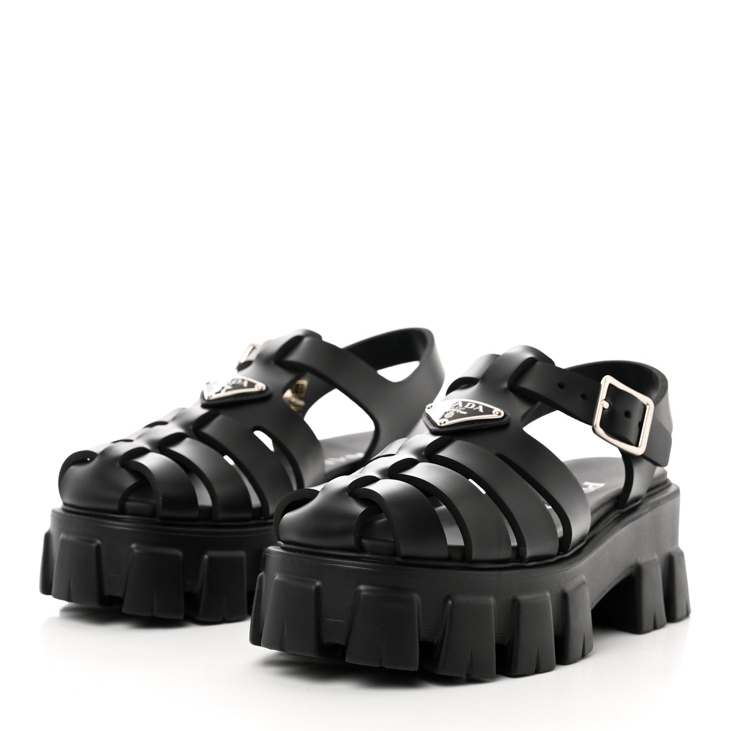 Prada Foam Rubber Triangle Logo Monolith 55mm Cage Sandals 36 Black 3 of 9