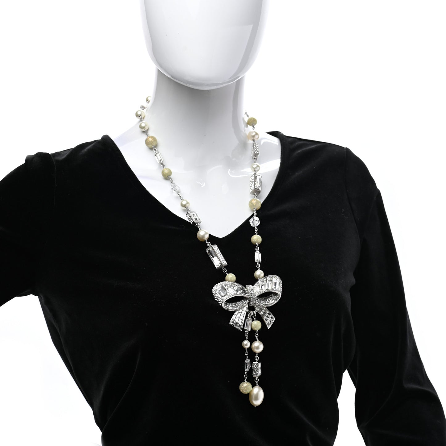 Crystal Baguette Pearl Bow Necklace Silver