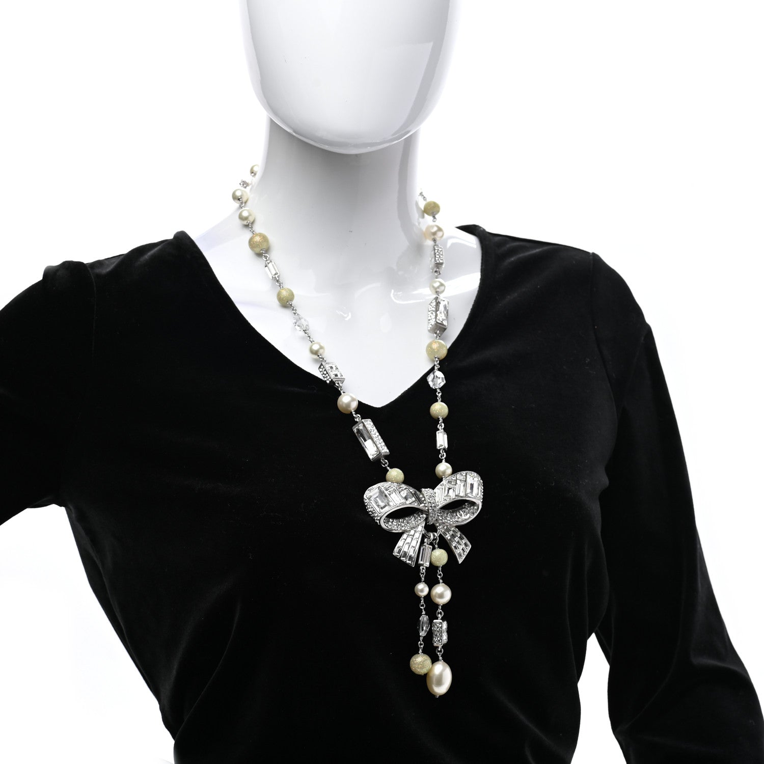 Chanel Crystal Baguette Pearl Bow Necklace Silver 2 of 8