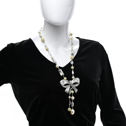 Chanel Crystal Baguette Pearl Bow Necklace Silver 2 of 8