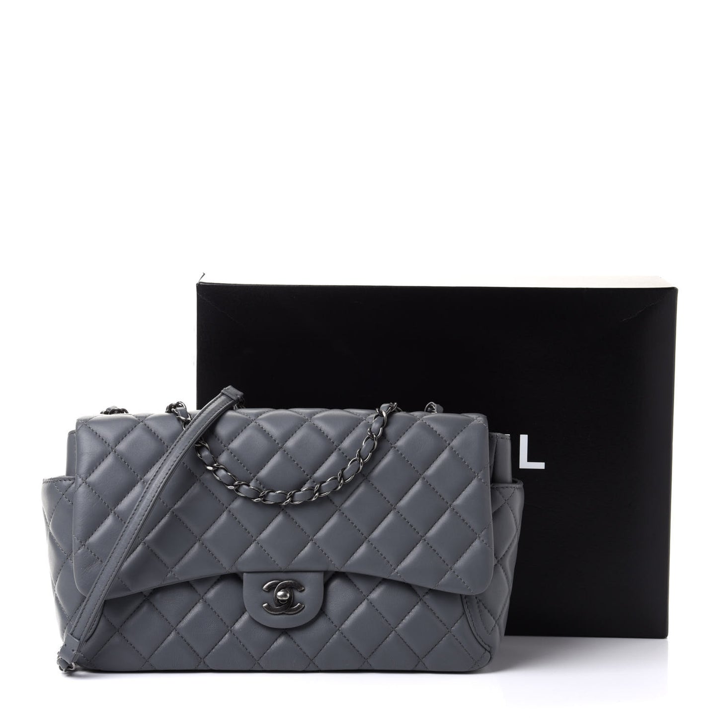 Lambskin Large Around Pockets Flap Dark Grey