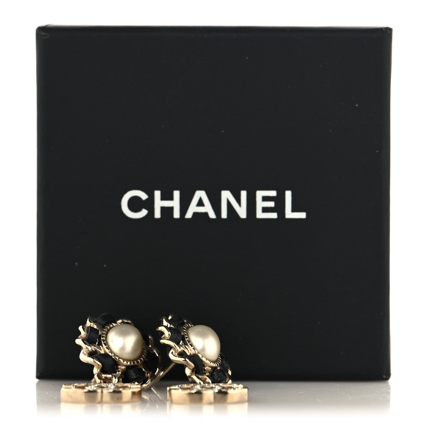 Chanel Pearl Lambskin Crystal CC Drop Earrings Gold White Black 5 of 5