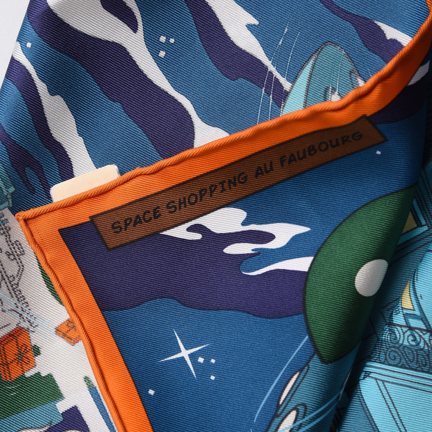 Hermes Silk Space Shopping Au Faubourg Pocket Square Scarf Bleu Orange Vert 4 of 7