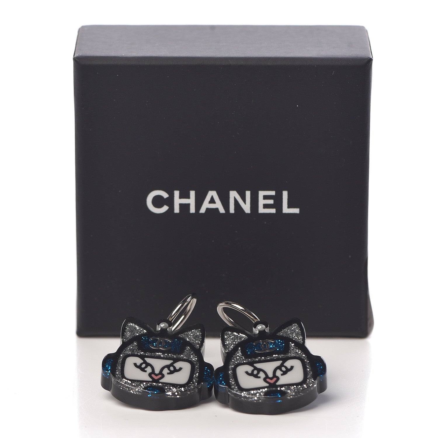 Chanel Resin Emoji Robot Cat Dangle Earrings Black Iridescent Grey 5 of 5