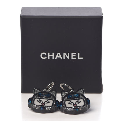 Chanel Resin Emoji Robot Cat Dangle Earrings Black Iridescent Grey 5 of 5