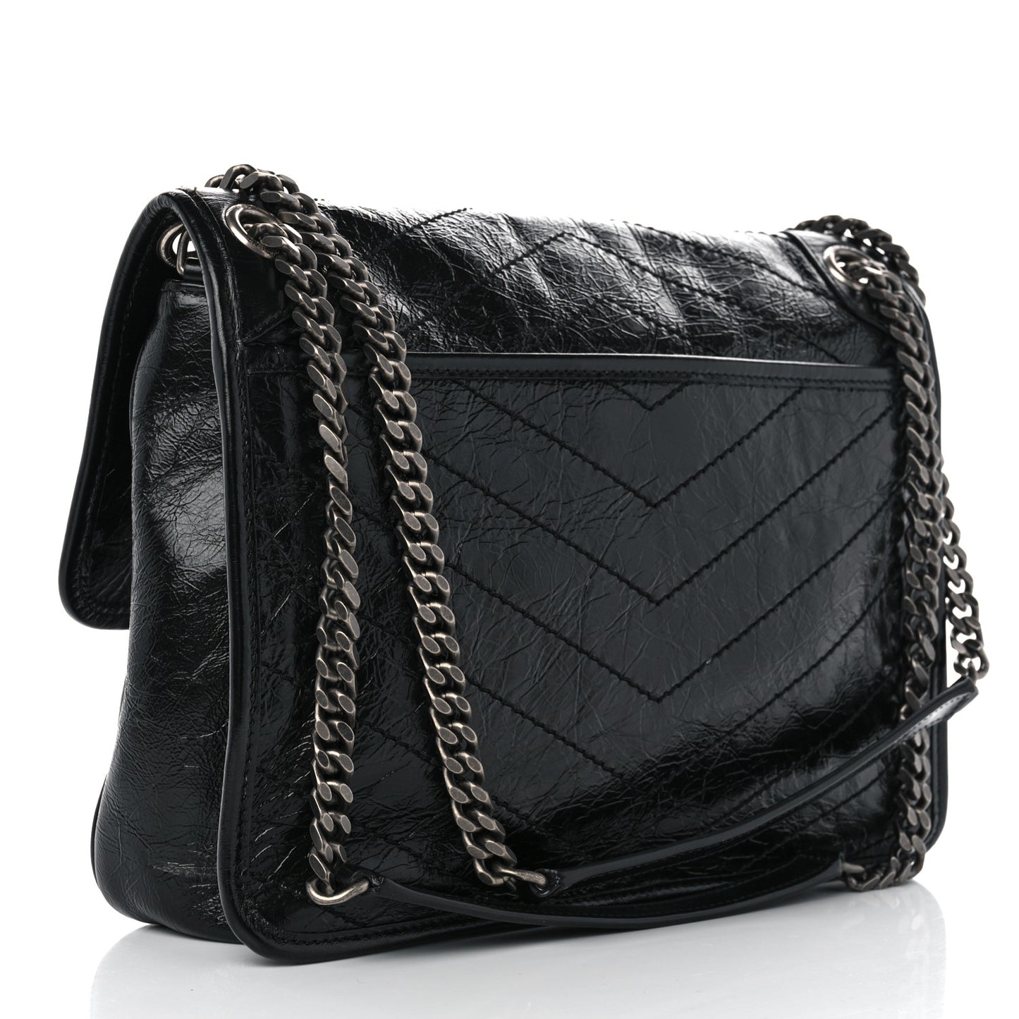 Crinkled Calfskin Matelasse Monogram Medium Niki Chain Satchel Black