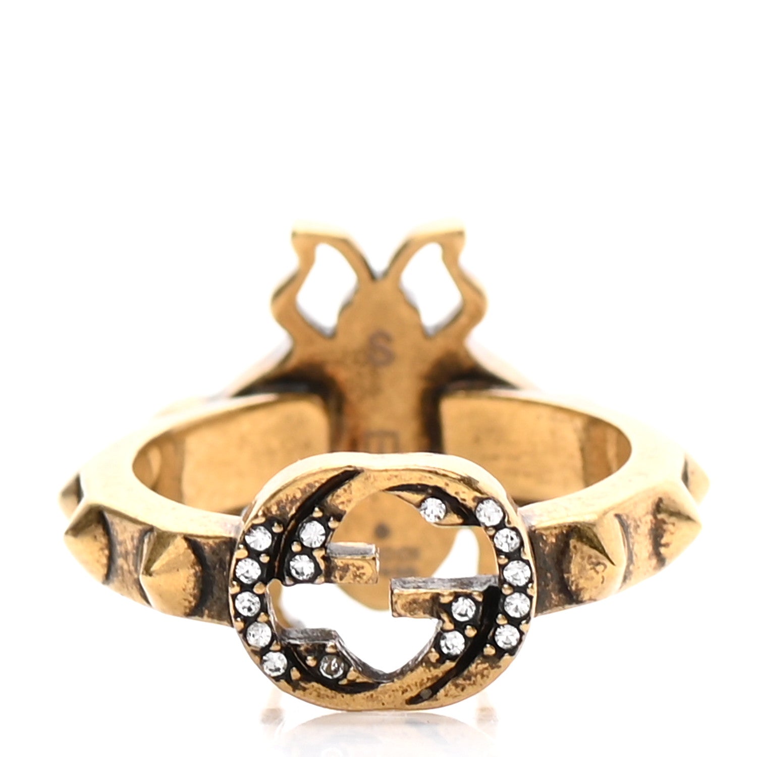 Gucci Metal Crystal Pearl Bee Ring 53 6.25 Aged Gold 4 of 5