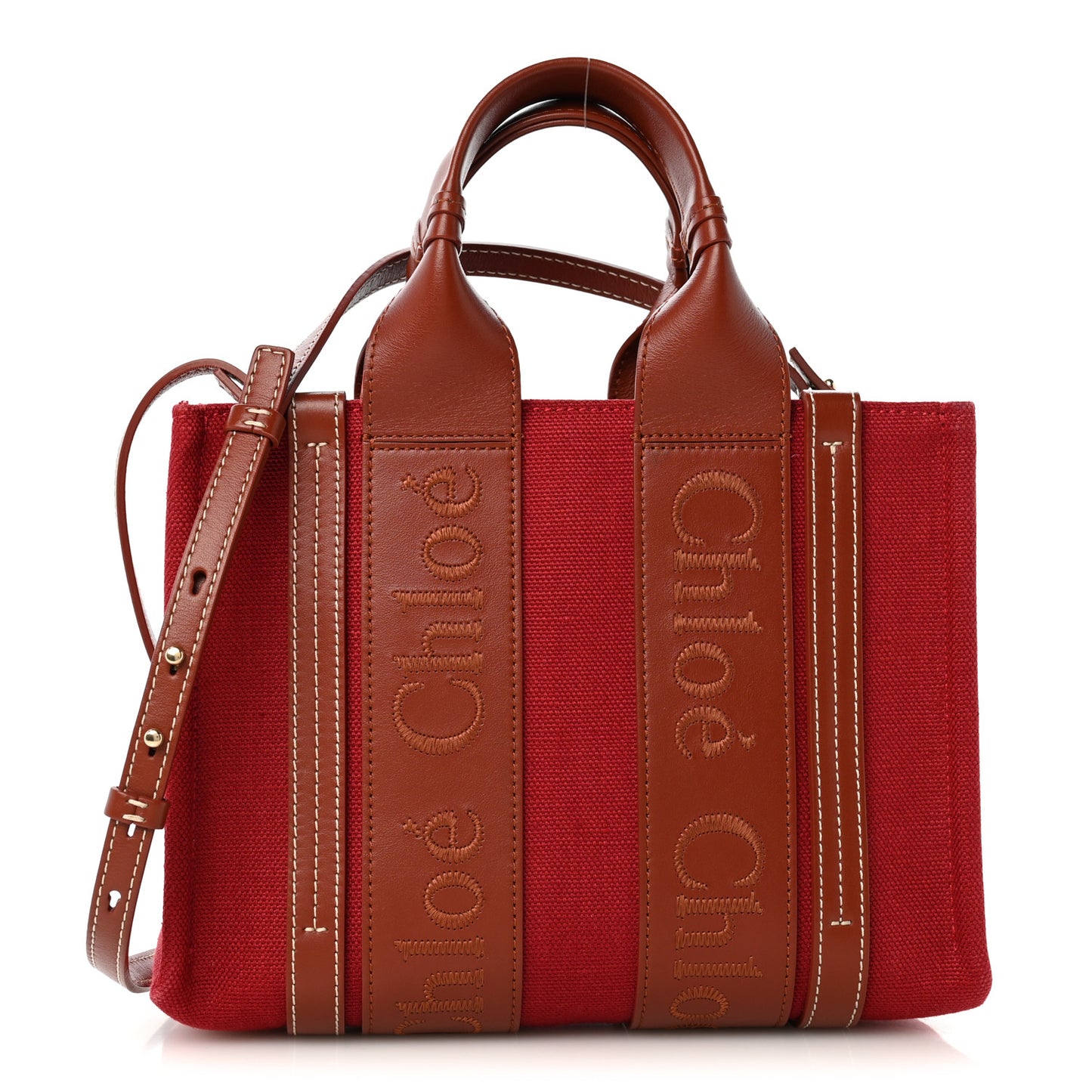 Cotton Calfskin Small Woody Ribbon Tote With Strap Dark Red