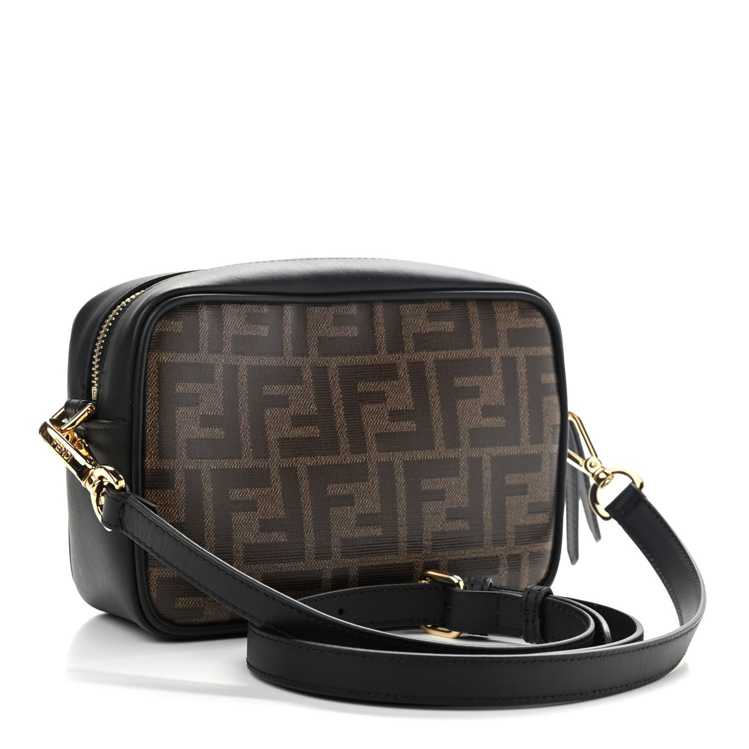 Fendi Glazed Fabric Vitello Century FF 1974 Stamp Patch Mini Camera Case Mogano Panna Black 3 of 9