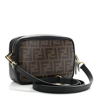 Fendi Glazed Fabric Vitello Century FF 1974 Stamp Patch Mini Camera Case Mogano Panna Black 3 of 9