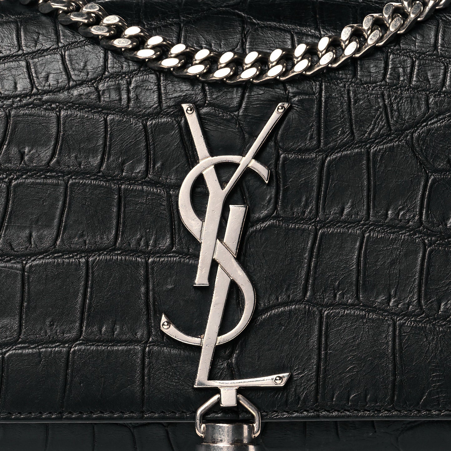 Calfskin Crocodile Embossed Monogram Small Kate Tassel Satchel Black