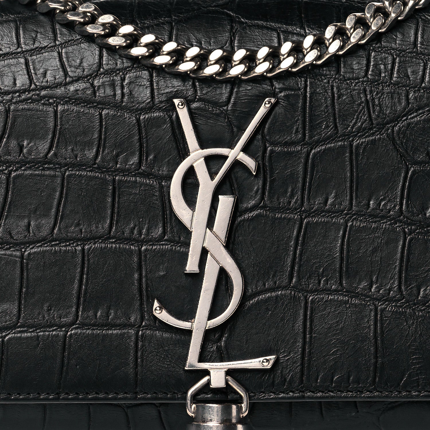 Saint Laurent Calfskin Crocodile Embossed Monogram Small Kate Tassel Satchel Black 8 of 10