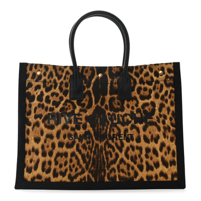 Saint Laurent Canvas Calfskin Leopard Print Rive Gauche Noe Tote Natural Black 1 of 10