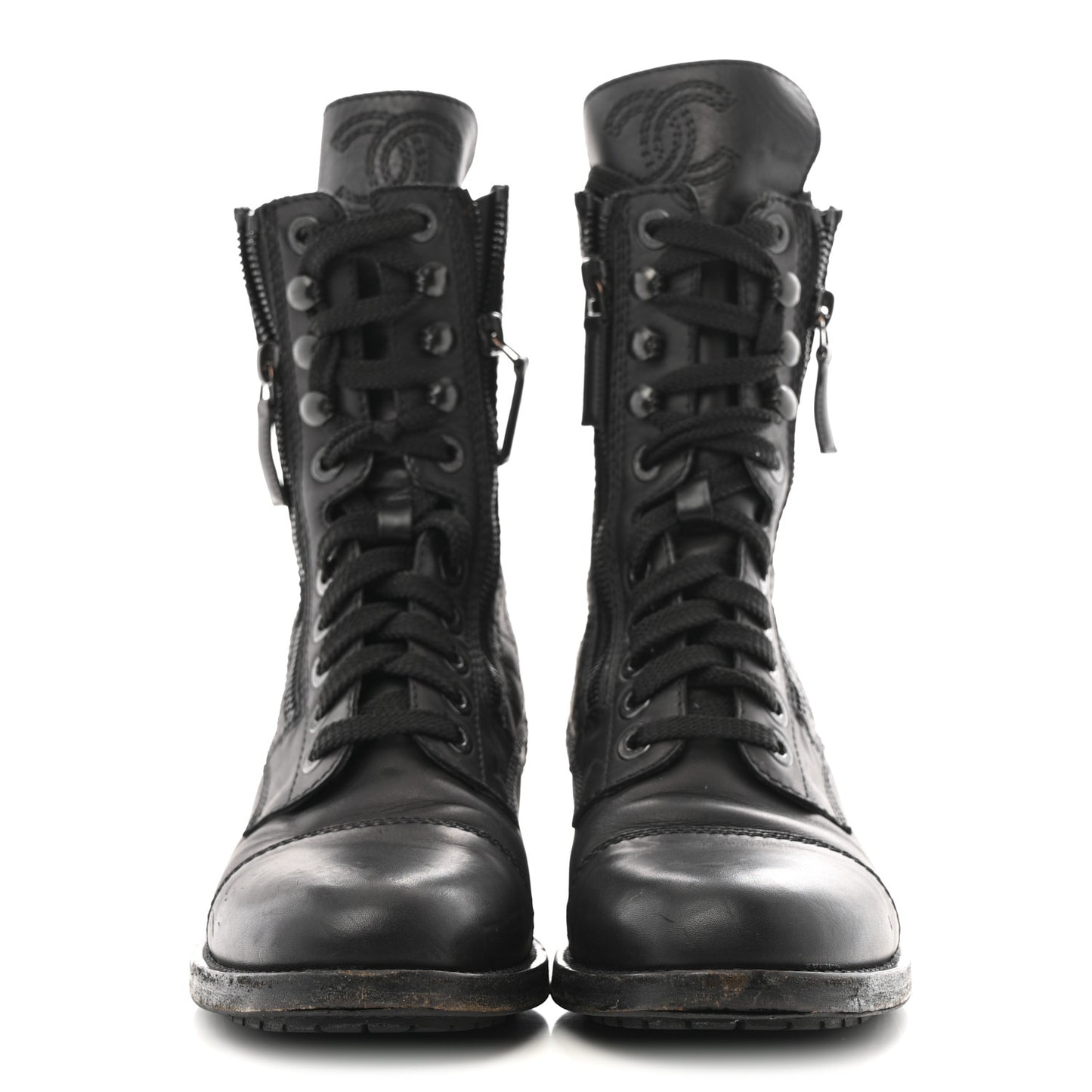 Calfskin Quilted Lace Up Combat Boots  38 Black