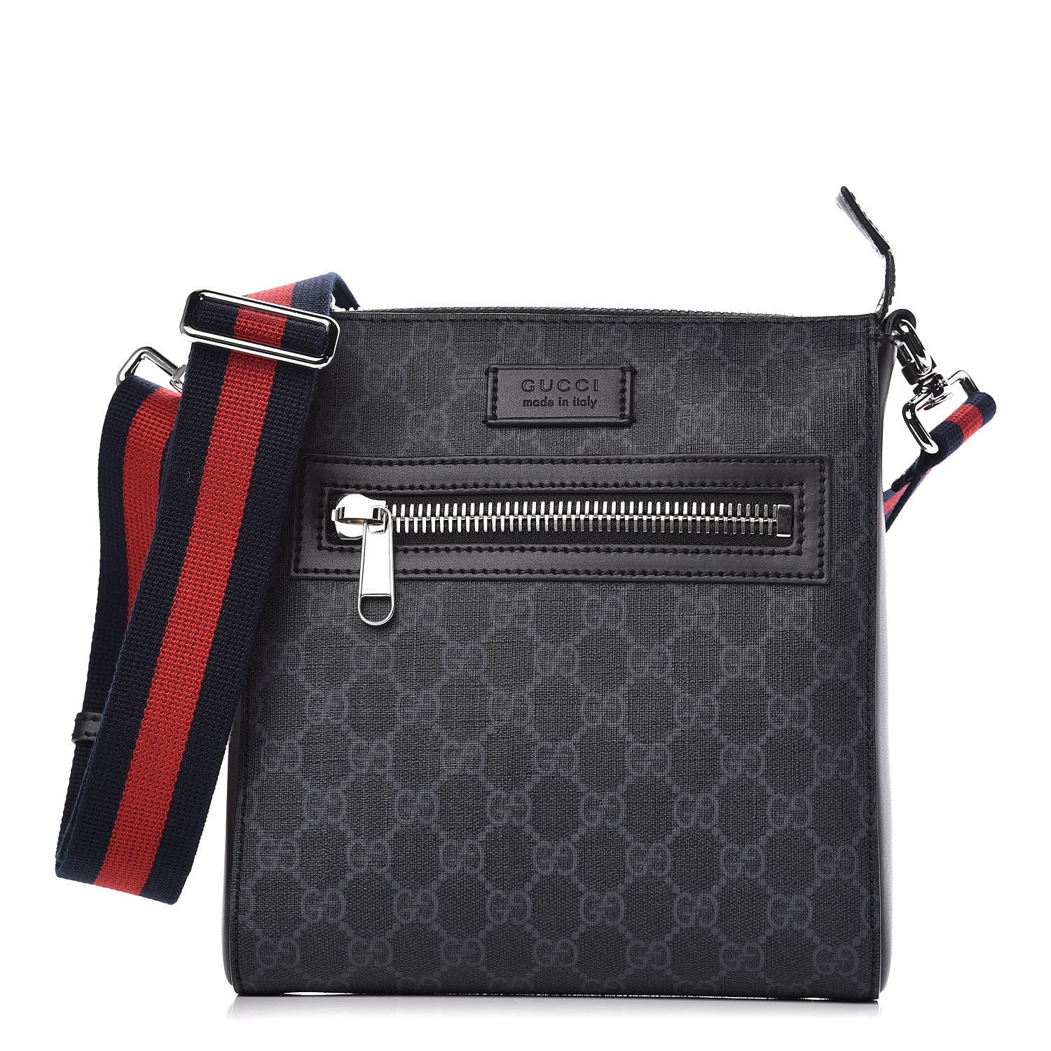 Gucci GG Supreme Monogram Web Small Flat Messenger Bag Black Grey 1 of 10
