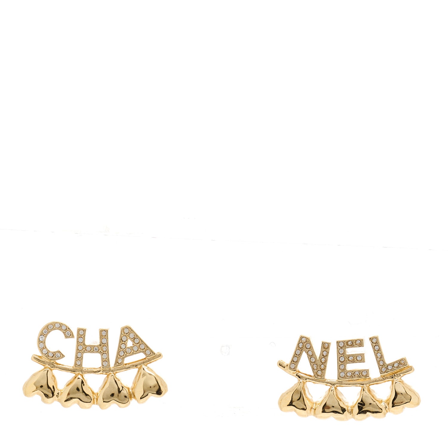 Chanel Crystal Heart Cha-Nel Logo Earrings Gold 1 of 4