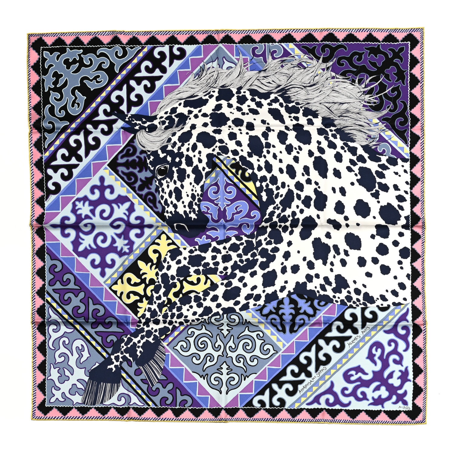 Hermes Silk Appaloosa Des Steppes Scarf 90 White Casse Marine Violet 1 of 5