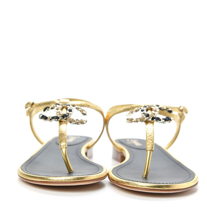 Chanel Aged Metallic Calfskin CC Chain Thong Sandals 37.5 Gold 2 of 9