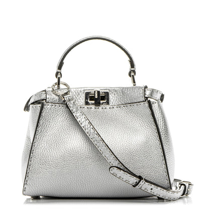 Fendi Cuoio Romano Lux Selleria Mini Peekaboo Iconic Satchel Argento 1 of 8