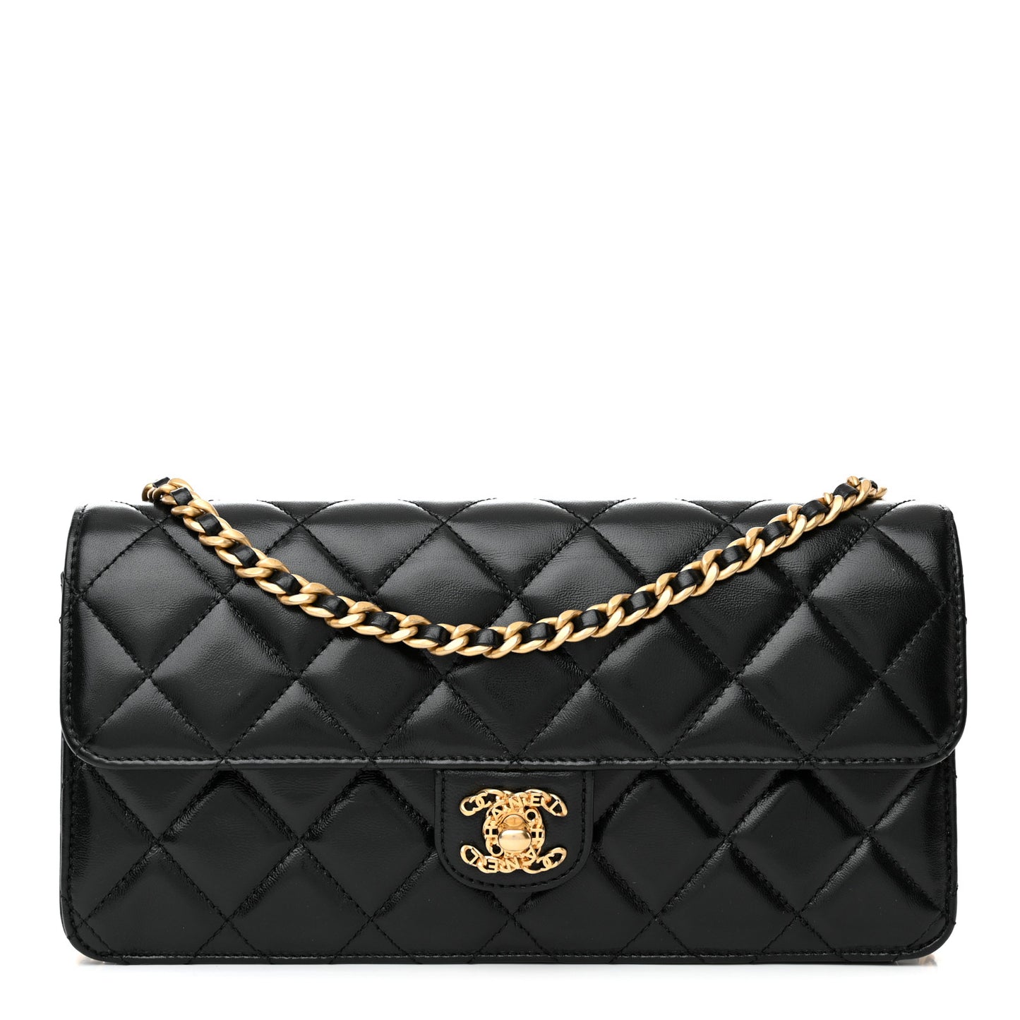 Shiny Lambskin Quilted Flap Clutch Bag Black