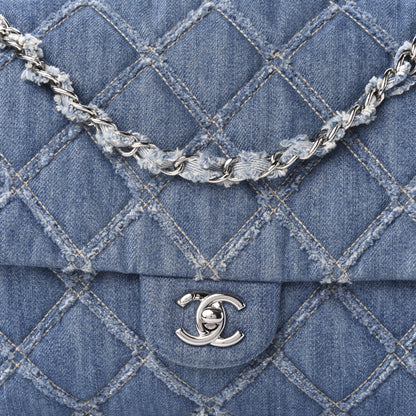 Chanel Frayed Denim Quilted Large Blue Chip Flap Blue 12 of 13