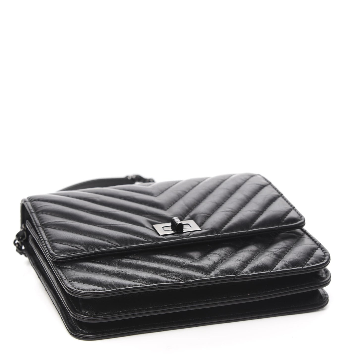 Aged Calfskin Chevron Quilted Reissue 2.55 Square Wallet On Chain WOC So Black