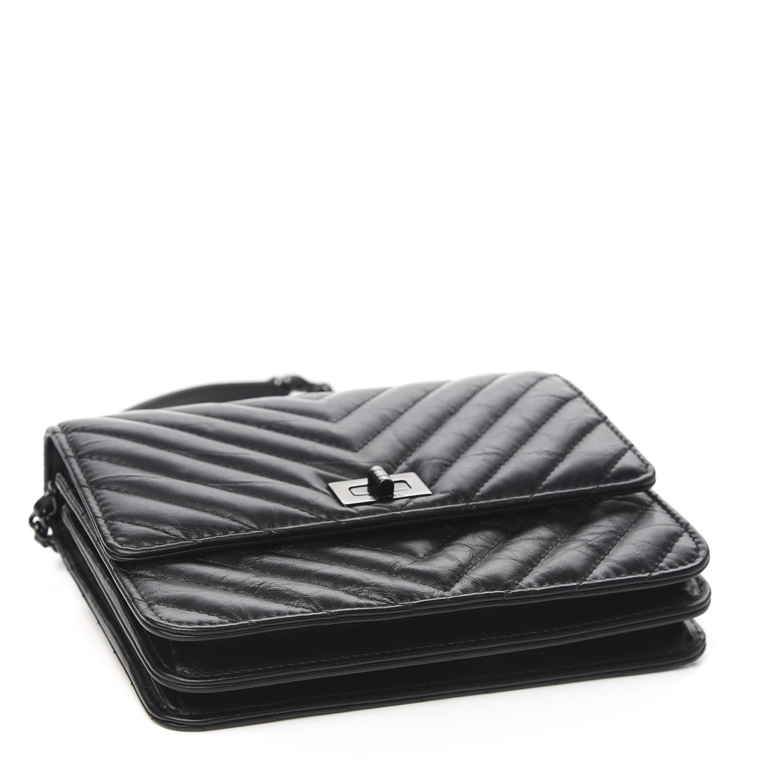 Chanel Aged Calfskin Chevron Quilted Reissue 2.55 Square Wallet On Chain WOC So Black 3 of 11