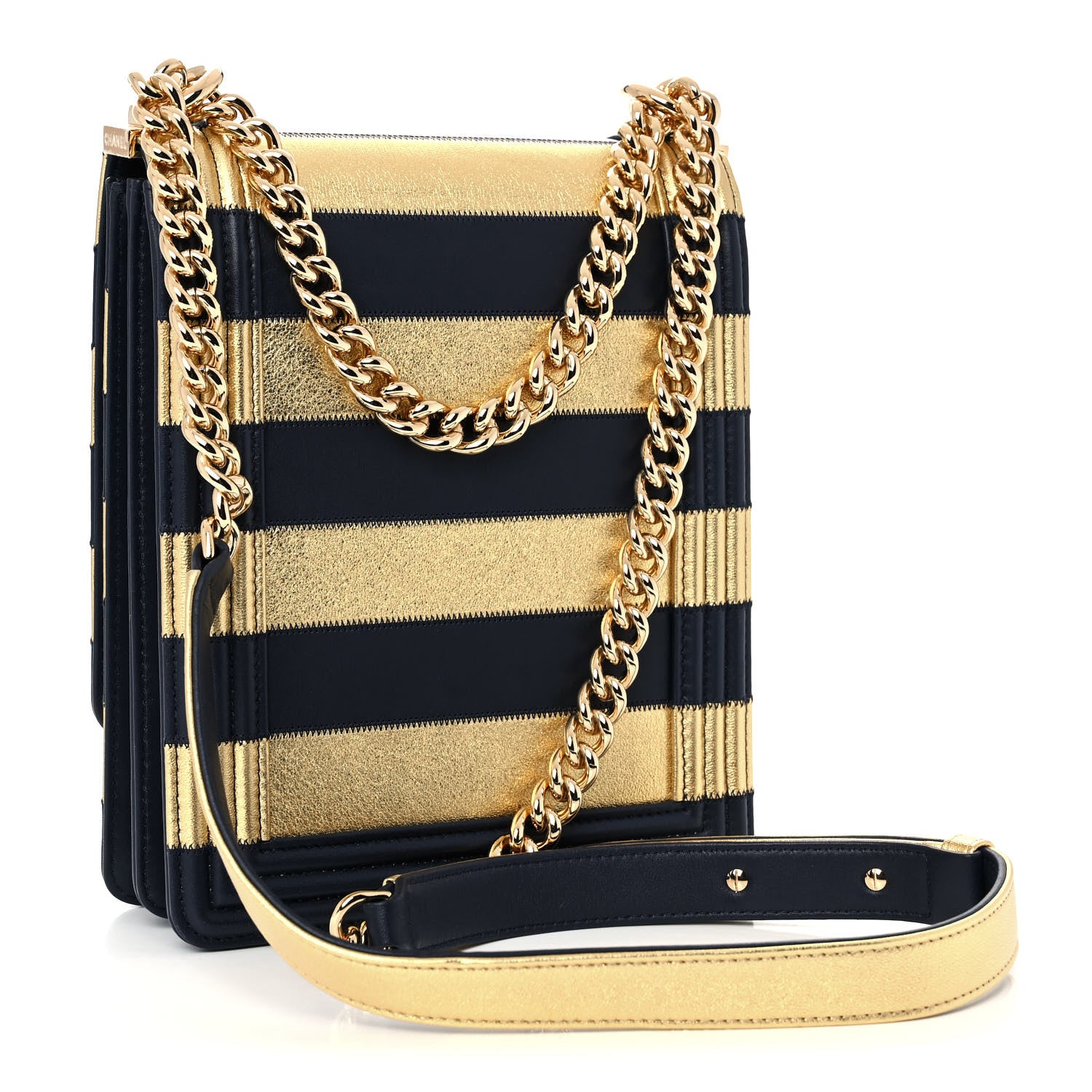 Chanel Metallic Lambskin Striped North South Boy Flap Navy Gold 2 of 11