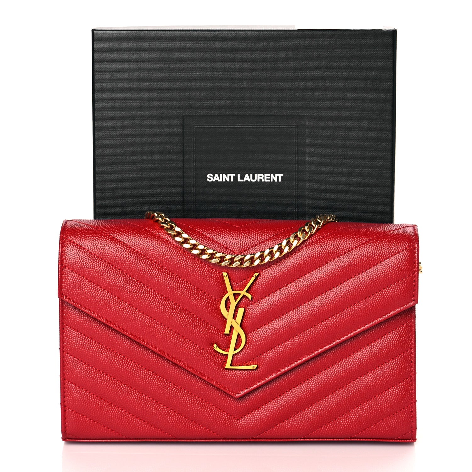 Saint Laurent Grain De Poudre Matelasse Chevron Monogram Chain Wallet Rouge Eros 9 of 9