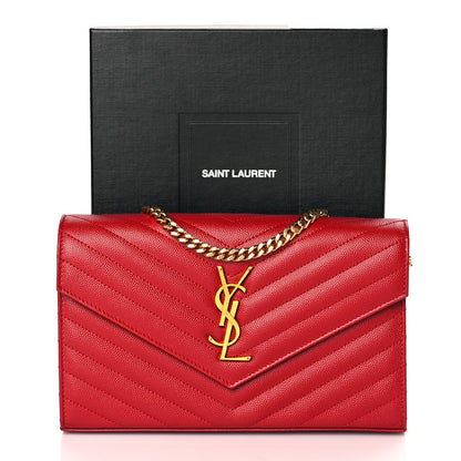 Saint Laurent Grain De Poudre Matelasse Chevron Monogram Chain Wallet Rouge Eros 9 of 9