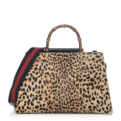 Gucci Calf Hair Bamboo Web Leopard Print Medium Nymphaea Top Handle Bag Black 1 of 4