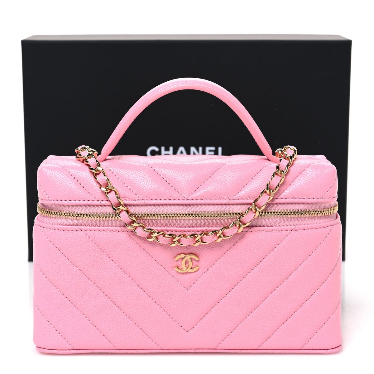 Shiny Caviar Quilted Sleek Chevron Vanity With Chain Rose