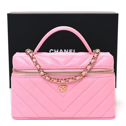 Chanel Shiny Caviar Quilted Sleek Chevron Vanity With Chain Rose 11 of 11