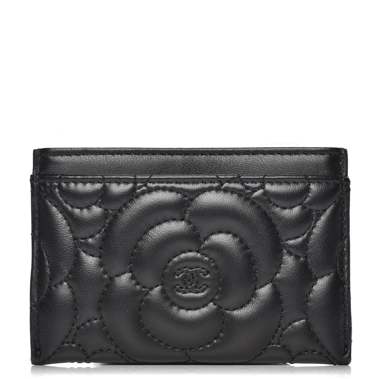 Lambskin Camellia Stitched Card Holder Black