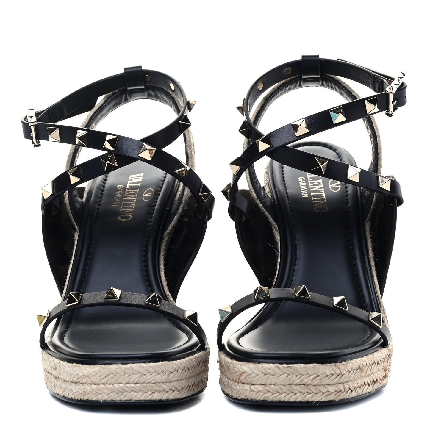 Calfskin Rockstud Ankle Strap Espadrille 20/110mm Wedge Sandals 36 Black
