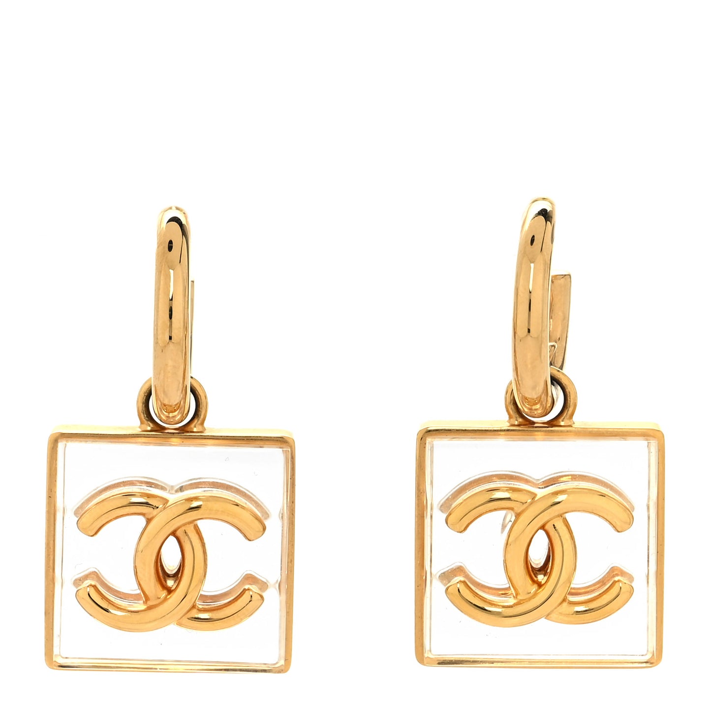 Metal Resin CC Square Drop Earrings Gold Transparent