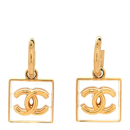 Chanel Metal Resin CC Square Drop Earrings Gold Transparent 1 of 5